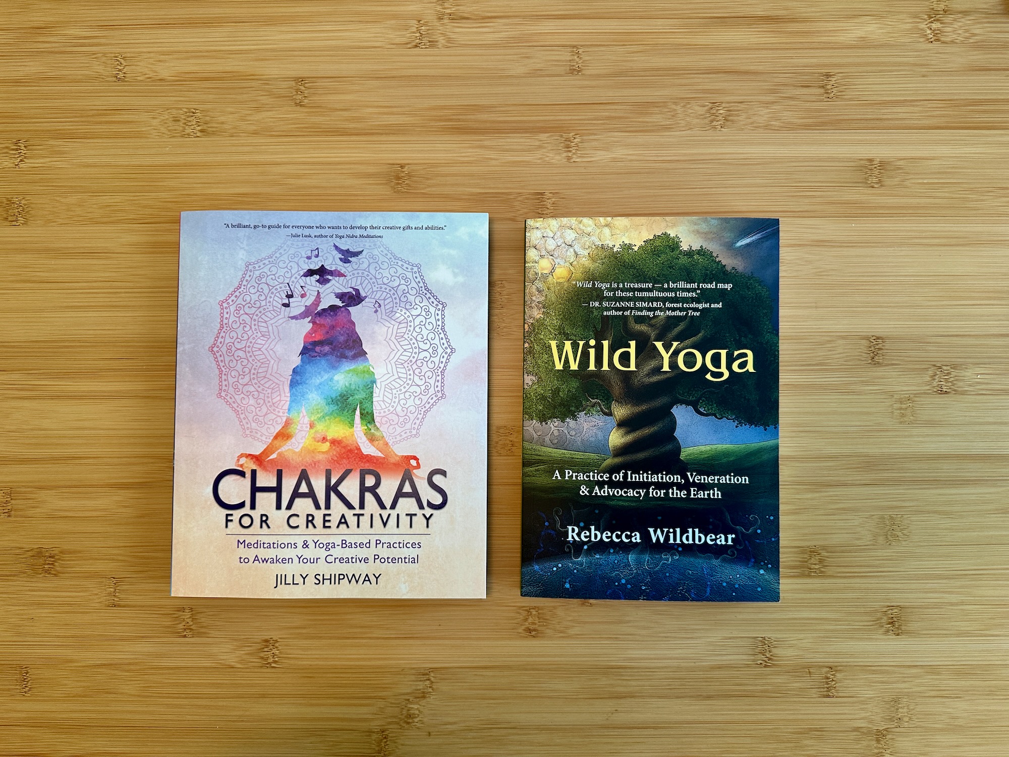 The books CHAKRAS FOR CREATIVITY and WILD YOGA sit side by side on a bamboo desk