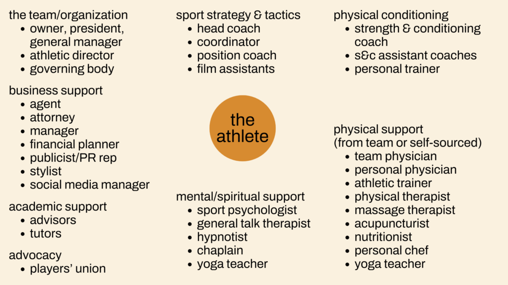 scope of practice: a list of the support staff an athlete might have
