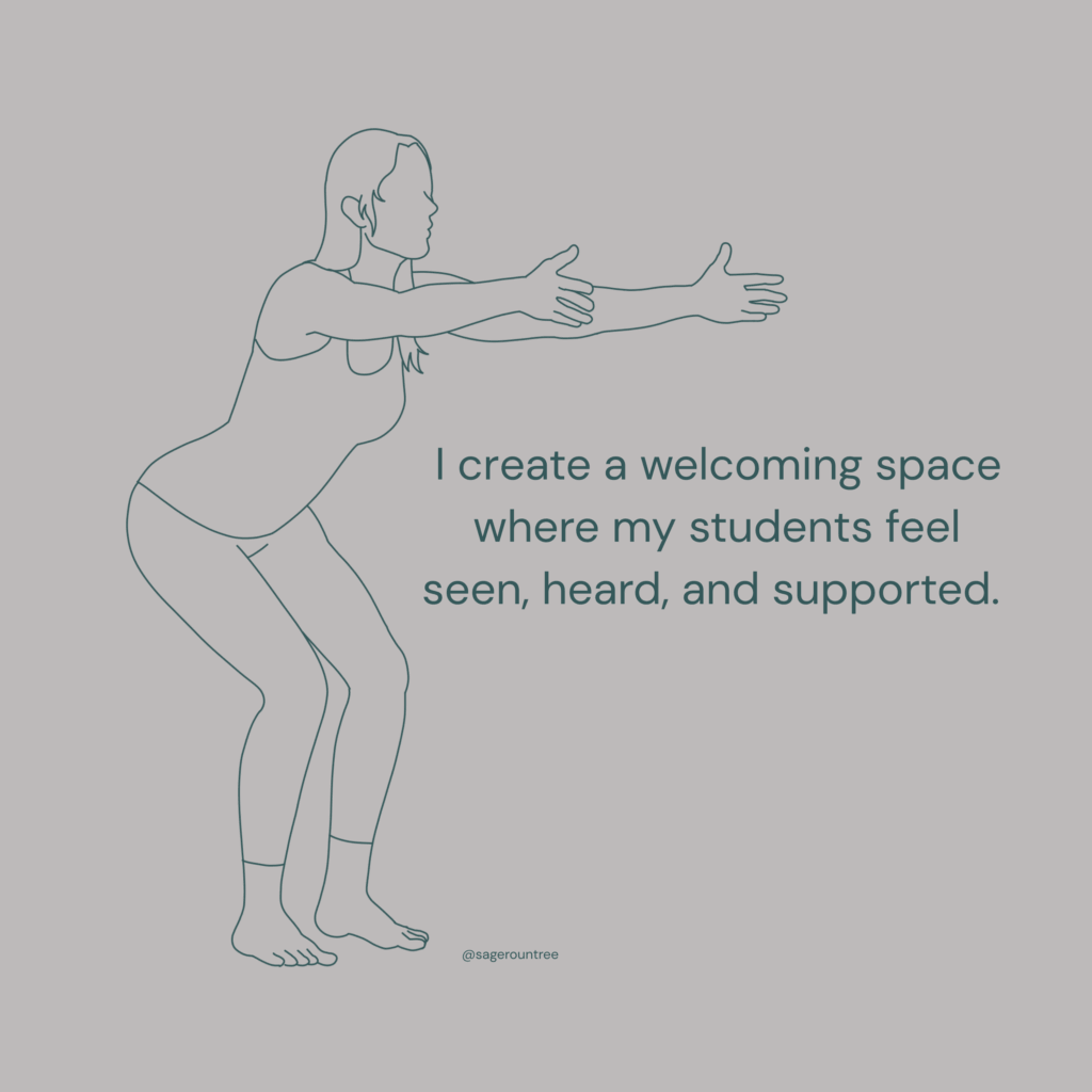 A yoga teacher affirmation showing a line drawing of a women in chair pose