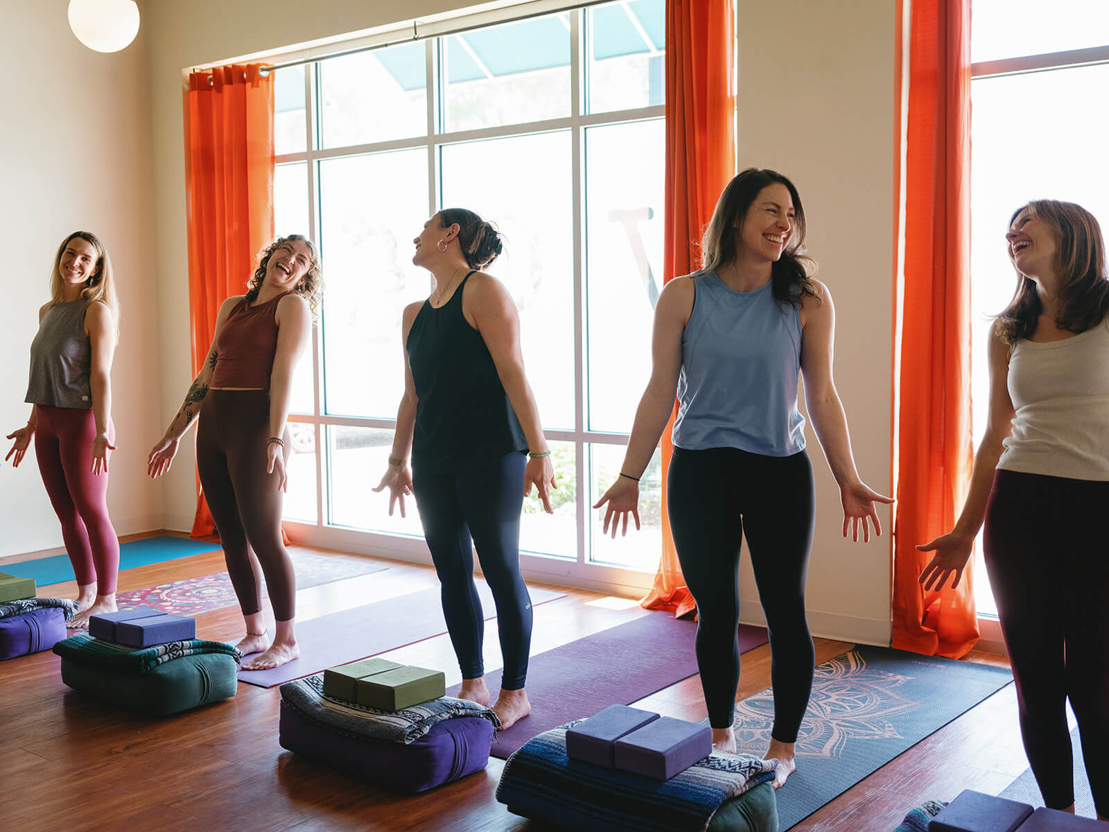 yoga students smile in class