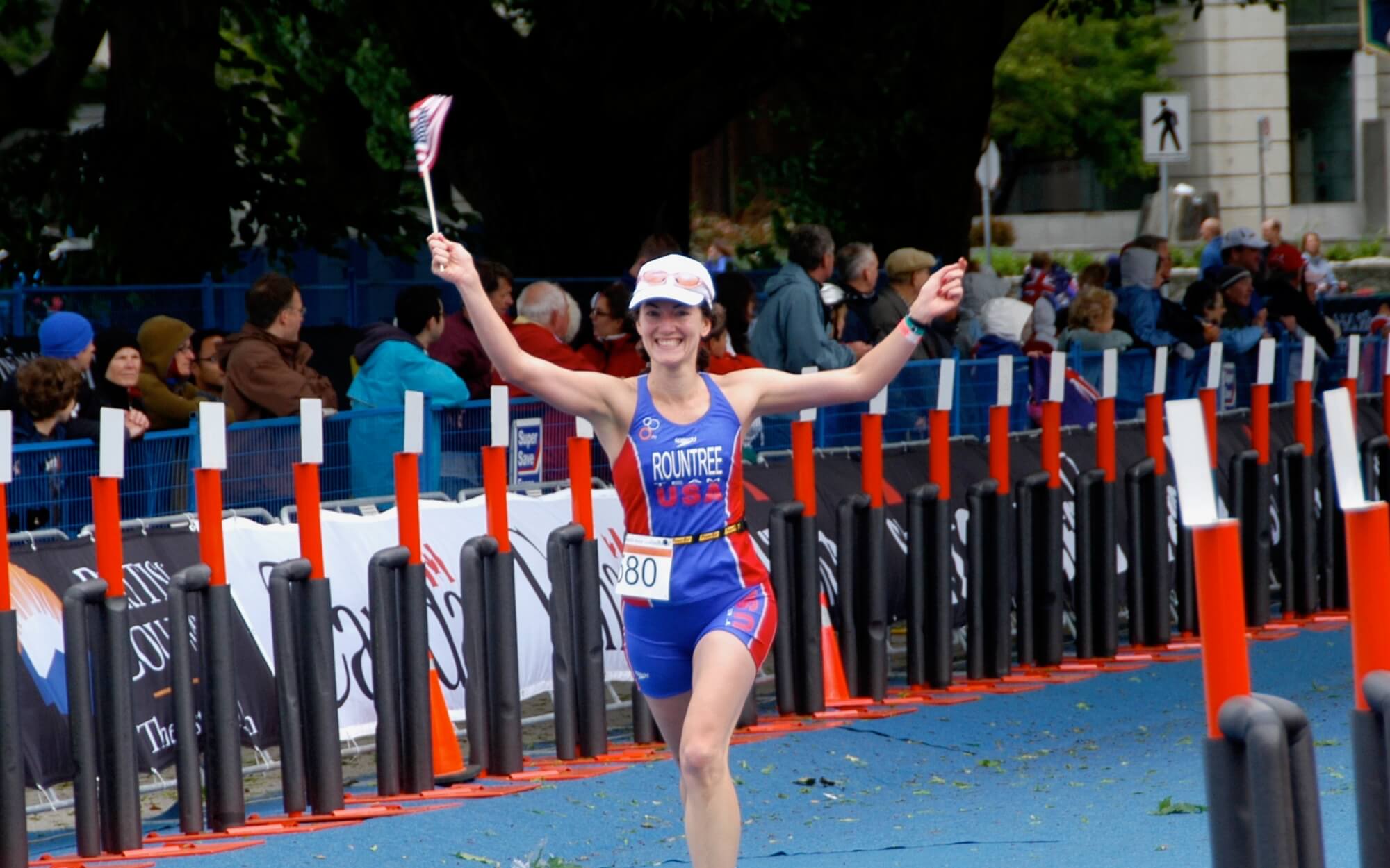 Sage Rountree finishing at the age-group World Triathlon Championships in 2008