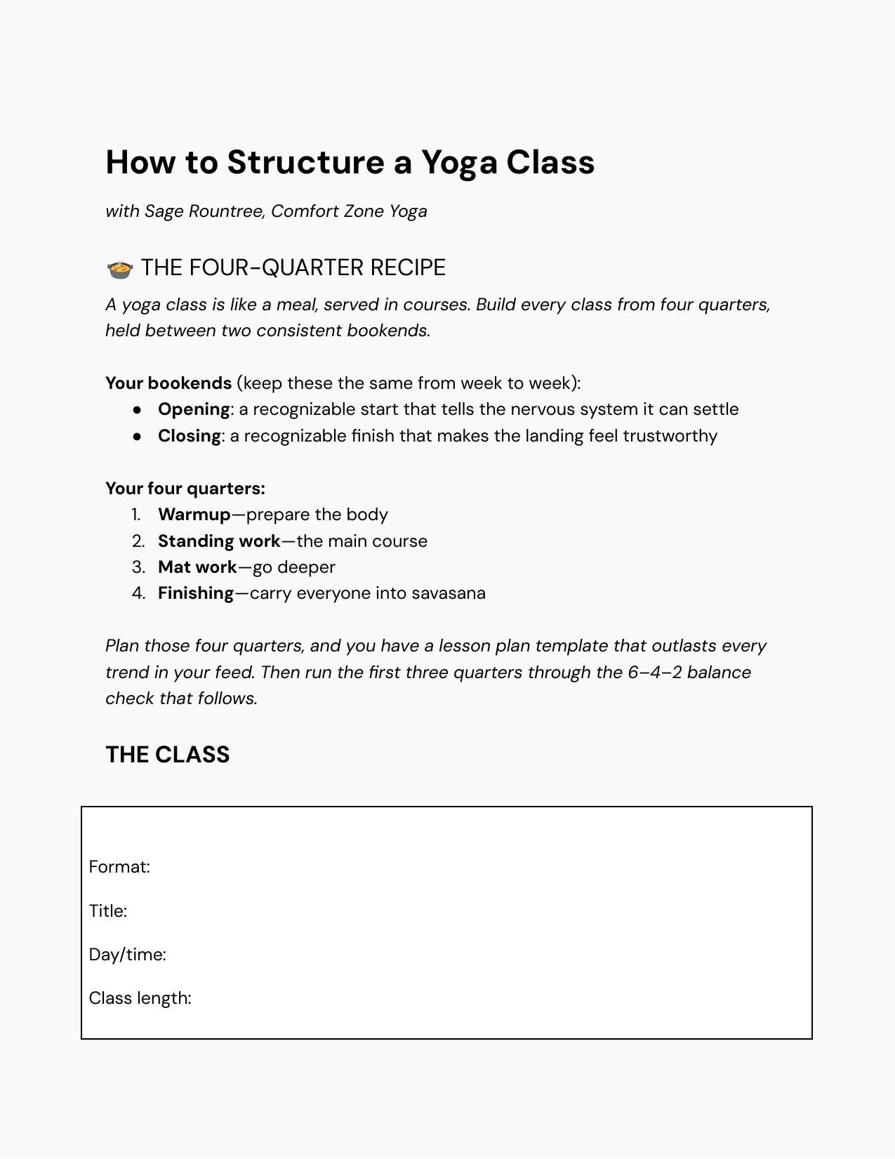 The 6–4–2 yoga class plan template: four quarters between two bookends, with the balance checklist.
