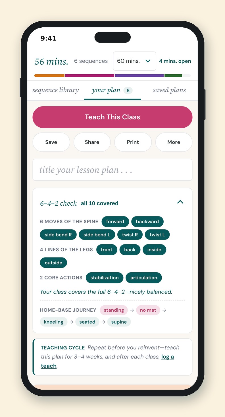 The Lesson Planner on an iPhone with the 6–4–2 check open, showing the six moves of the spine, four lines of the legs, and two core actions all covered