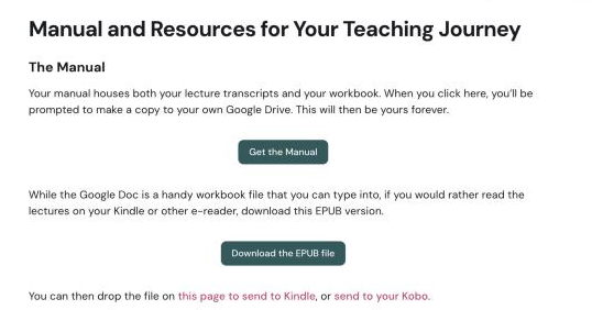 A lesson in Sage Rountree’s online 200-hour yoga teacher training, with buttons for the manual and the EPUB A lesson in Sage Rountree’s online 200-hour yoga teacher training, with buttons for the manual and the EPUB