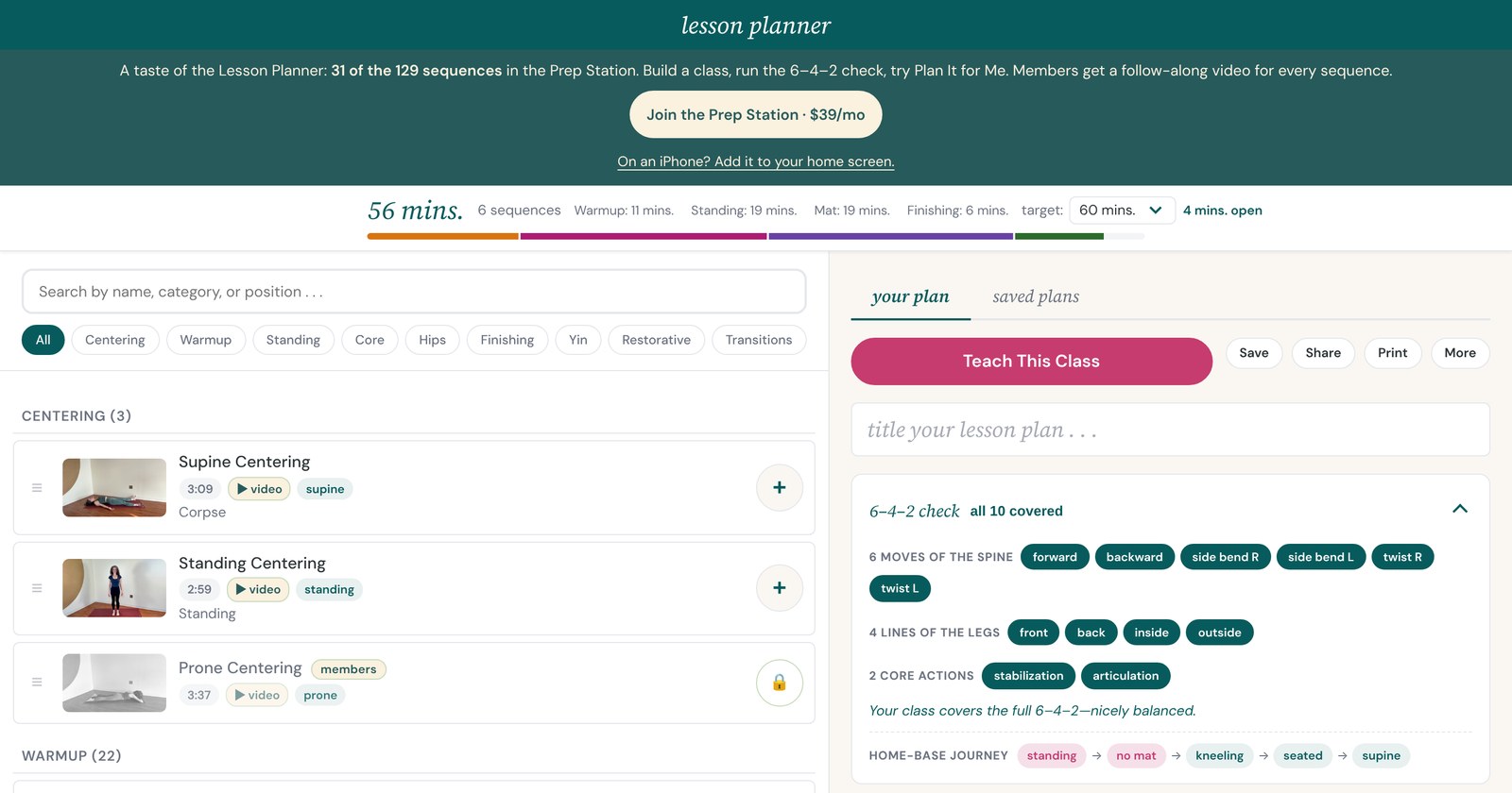 Screenshot of the Lesson Planner with a 56-minute class built from six sequences and the 6–4–2 check showing all 10 movements covered